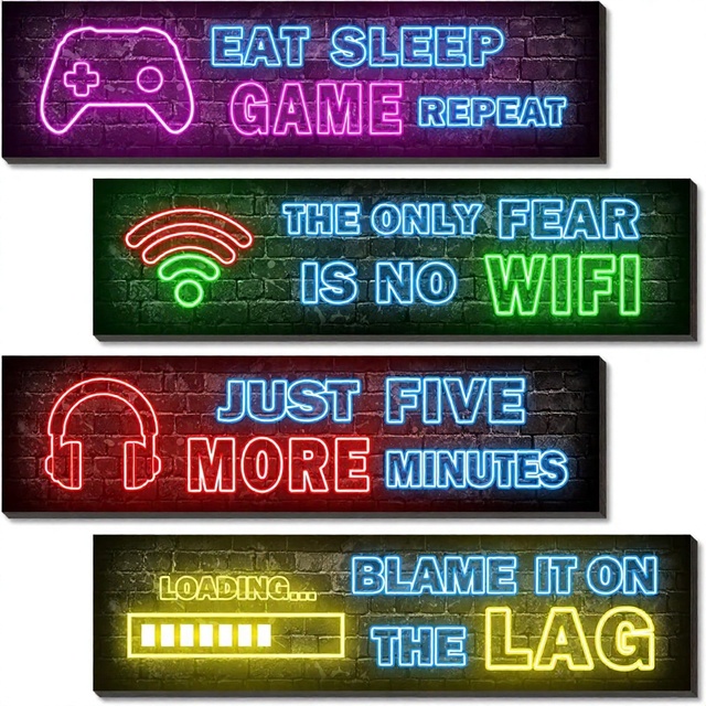 4 Pcs Printed Neon Gaming Posters 3.2x12 Inches Rectangular Party-Themed Gamer Wall Art for Bedroom Decor