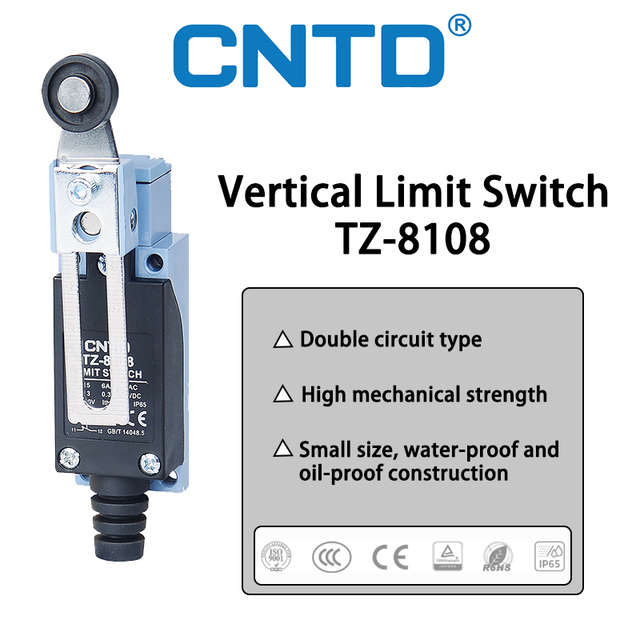 CNTD TZ-8108 Rotary Adjustable Roller Arm Miniature Travel Switch Vertical Limit Switch IP65 10A 380VAC Waterproof Switch