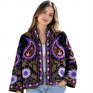 <b>Women's</b> Black <b>Velvet</b> Embroidered Jacket Boho Paisley Stand Collar Batwing Sleeve <b>Coat</b> Autumn Outerwear <b>Women</b> Paisley Jacket - Product Image 1