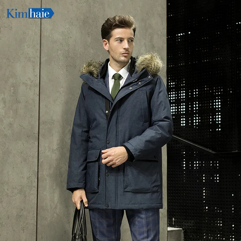 Kualitas Terbaik mantel panjang hangat musim dingin pria fashion mantel bertudung bulu kasual biru laut mantel musim dingin mantel pria jaket ukuran besar bisa disesuaikan