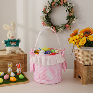 Wholesale Monogrammed Ruffle Quilted Kids Bunny Bucket Gingham <strong>Egg</strong> <strong>Hunt</strong> Bucket Cotton Pink Bow <strong>Easter</strong> <strong>Basket</strong> - Product Image 1
