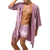 Bata de Dormir Abierta con Capucha para Hombre, Conjunto de Pijama de Seda Satinada, Kimono con Cinturón, Manga Corta, Ropa de Dormir