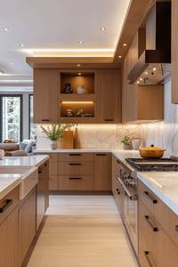 Armoires de <span class=keywords><strong>cuisine</strong></span> contemporaines en bois grainé sur mesure, <span class=keywords><strong>cuisine</strong></span> moderne en placage de noyer à panneaux plats avec îlot central pour la rénovation de la maison - Product Image 3