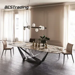 Italian high end Customized dining table set modern marble stone top metal table