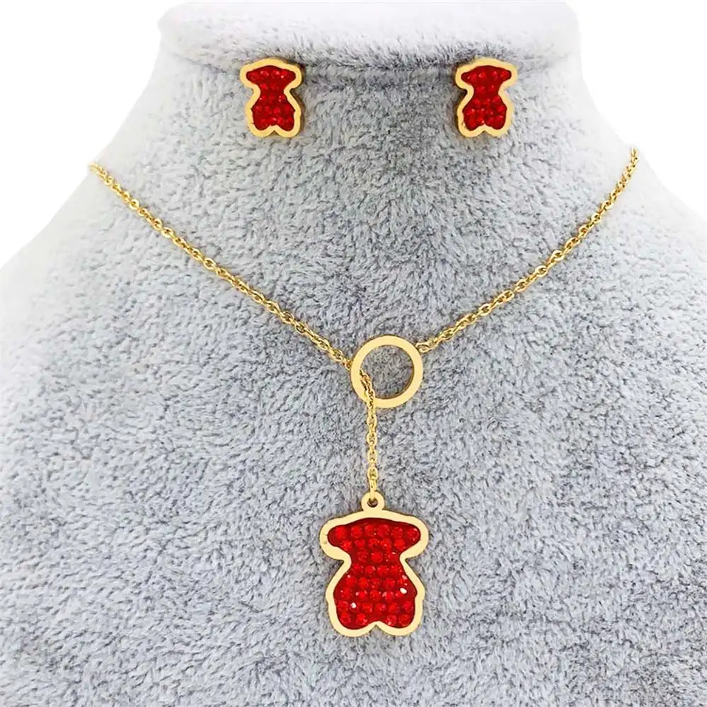 Bijoux Women Acero Inoxidable Joyeria 18K Gold Plated Silver Micro Pave Zircon Cz Bear Earrings And Necklace Set