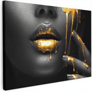 MuchoWow Art mural sur <span class=keywords><strong>toile</strong></span> moderne noir et or avec visage et lèvres, 120x80cm, décoration pour salon et chambre, cadeau - Product Image 1