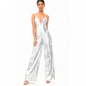 Moda Senza Maniche Sexy Profondo Scollo A V Elegante Donne di Forma Fisica di <span class=keywords><strong>Argento</strong></span> Con Paillettes <span class=keywords><strong>Tuta</strong></span> - Product Image 1