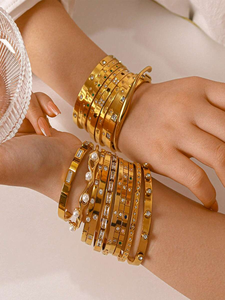 Gelang Mewah Ringan Bertumpuk Berhiaskan Berlian CZ Retro dengan Zirkon Berlapis Emas 18k Gelang Baja Tahan Karat untuk Wanita - Product Image 5