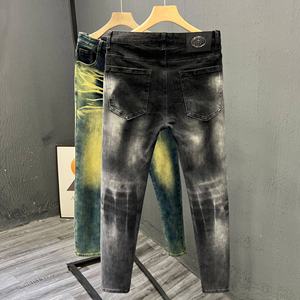 Pantalones vaqueros ajustados con parche antiguo de imitación de cintura alta para <span class=keywords><strong>hombre</strong></span>, pantalones pitillo informales ajustados con patrón sólido y tela recubierta - Product Image 5