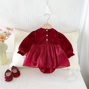 Abbigliamento per Neonati, Tutina Rossa Festiva per Bambina, Costume per Festa del Primo Mese e Cento Giorni - Product Image 2