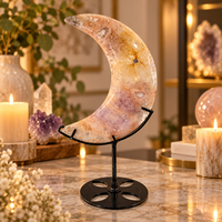 Décoration en cristal rose violet en forme de croissant de lune, sculpture de lune en pierre précieuse polie pour étagère de maison et espace de méditation