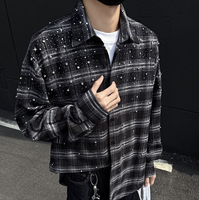 Kemeja Flanel Pria Lengan Panjang Motif Kotak-kotak Berhias Berlian Imitasi, Ukuran Besar, Kancing Depan, Gaya Streetwear, Pabrik, OEM ODM, MOQ Rendah, Grosir