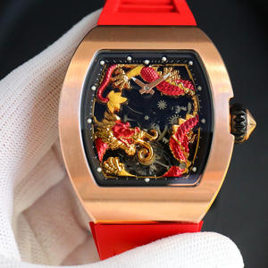 Reloj Mecánico de Lujo con Diseño Hueco, Relieve 3D de Dragón, Cristal de Zafiro Ovalado Dorado, Resistente al Agua, Correa de Silicona Roja, Estilo de Diseñador - Product Image 2