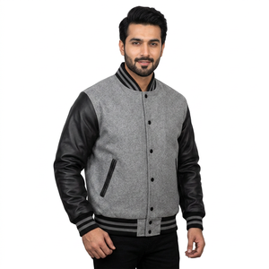 Veste de baseball en cuir de vachette véritable avec manches en cuir et corps en laine véritable, fermeture à boutons recouverts, veste confortable pour homme - Product Image 1