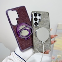 Coque de téléphone de luxe antichoc avec strass brillants, support anneau miroir et béquille magnétique pour Samsung Galaxy S25/S26 Ultra