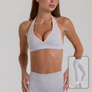 Custom Logo Women Set Active-Wear Gym Fitness Open <strong>Back</strong> Plounge V-neck Yoga Halter <strong>Top</strong> Ladies Contrast Trim <strong>Low</strong> Impact Yoga Bra - Product Image 5