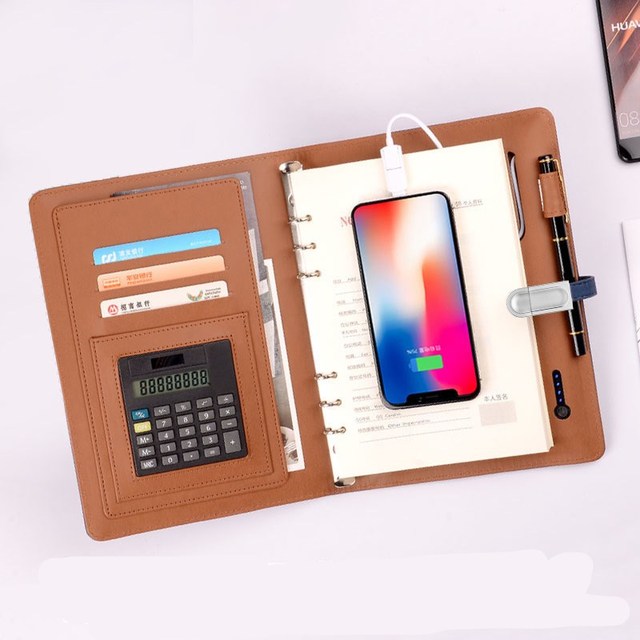 Custom LOGO 8000 MAh PU Leather Power Bank Notebook Wireless Charging Notebook With 8GB Usb Flash Drive