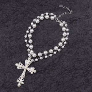 Fashion Layered Imitation Pearl <b>Cross</b> Necklace Black Geometric Alloy Clavicle <b>Chain</b> Multi Strand Statement Jewelry - Product Image 6