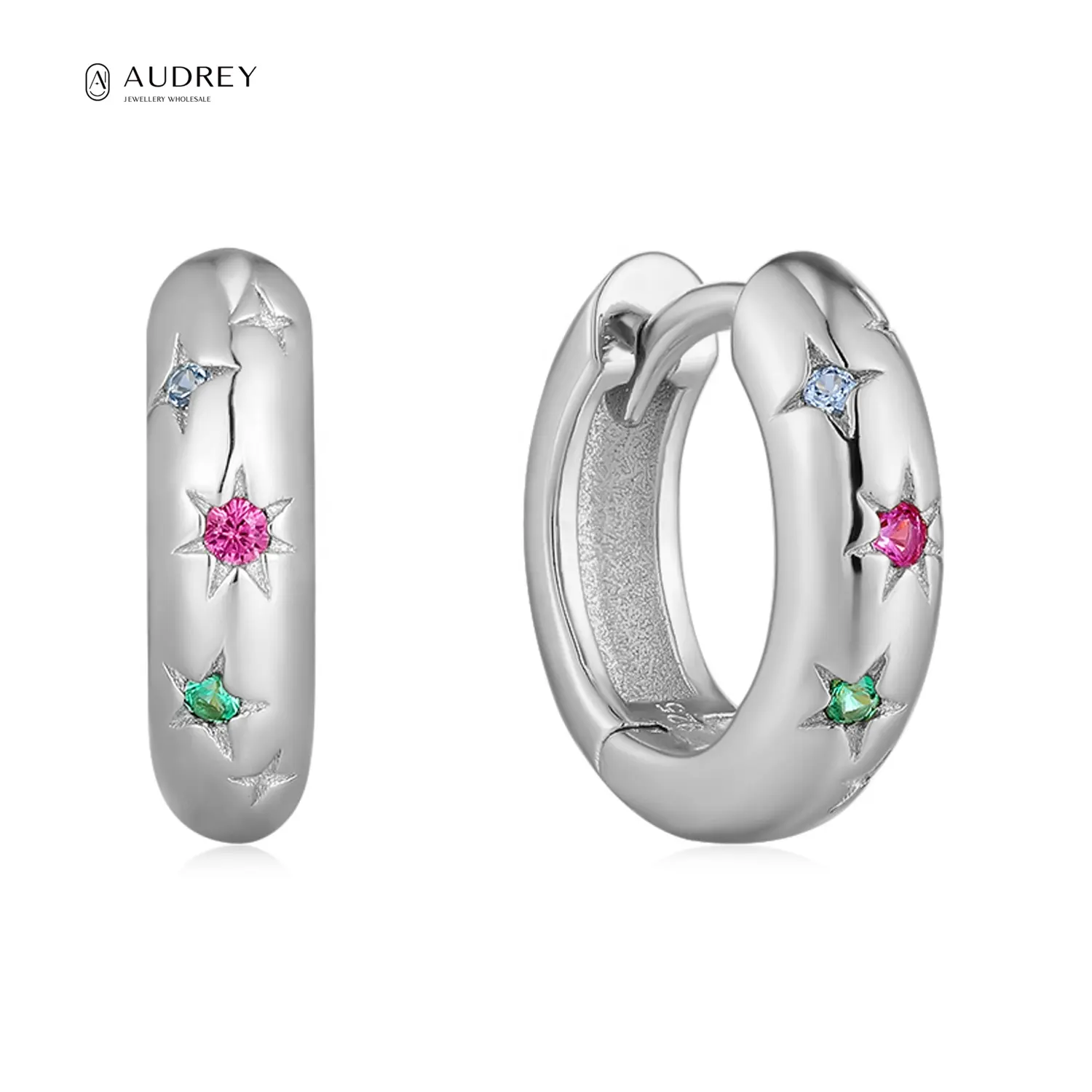 Audrey Chunky Hoop Earrings Jewelry Rhodium Plating S925 Sterling Silver Colored Gemstone Huggie Statement Earrings For Women