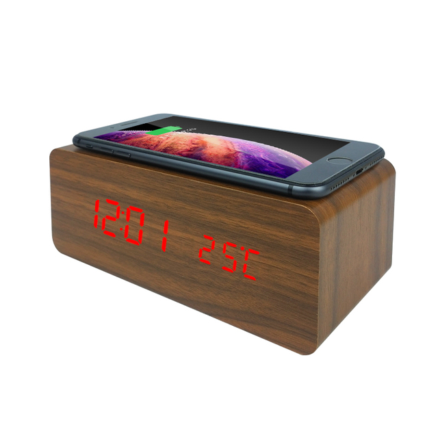 New 10W Multifunction Desk Table Square LED Digital Sound Control Clock Wooden Alarm Wireless Charging Wooden Alarm Clock