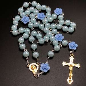6mm bleu verre perle chapelet perle Rose fleur connecteurs doré vierge marie centre et jésus croix - Product Image 5