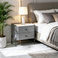 Table de chevet moderne en bois massif de qualité E1 à 2 tiroirs avec plateau en pierre peinte pour chambre à coucher et hôtel