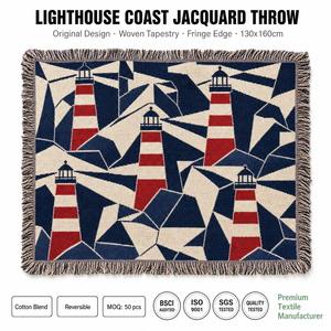 Coperta in Tessuto Beacon Tower Ray, Blu Navy, Rosso, Crema, con Frange in Cotone, Reversibile, a Righe Marittime, per Divano o Letto - Product Image 1