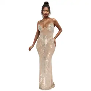 C0107ME81 Sexy Spaghetti Slip V Neck Diamond Process See Through Maxi Club Party Dresses