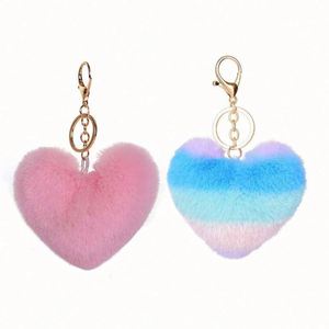 Wholesale Rainbow Puffball Plush Keychains Bulk Faux Fluffy Fur Real Poms Pompom Puff Heart Balls Metal and Fur Material - Product Image 5