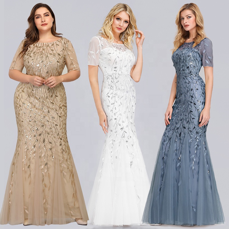 Women Round Neck Plus Size Fat Elegant Dresses Short Sleeve Party Maxi Sequin Wedding Bridesmaid Evening Dress