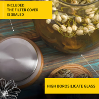 Infuseur à thé en verre borosilicate résistant à la chaleur et au froid avec couvercle en bambou et métal, poignée, sans BPA, 1000ml/1800ml, transparent, pour infusions florales, aux herbes et aux fruits