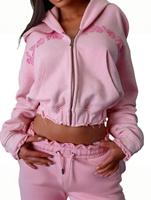 Set Hoodie dan Jogger Wanita Model Oversize Distressed dengan Bordir Patch Custom Rimeta New StreetWear 2025, Resleting, dan Potongan Crop