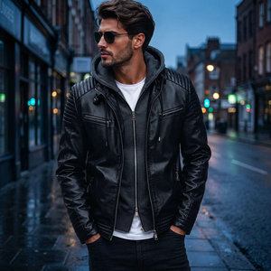 Chaqueta de Moto con Capucha de Cuero Negro para Hombre, Corte Ajustado, Resistente al Viento, Color Sólido, Bolsillo Delantero, Estilo Casual para Otoño - Product Image 3