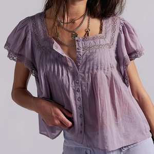 Women's French Style Sexy Blouse, Lace <b>Patchwork</b>, Ruffle Trim, Flutter Sleeves, Loose Fit Sweet <b>Shirt</b> - Product Image 1