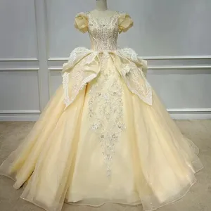 QUEENSGOWN puff sleeve light yellow latest beaded party gowns women fancy bridal wedding dress