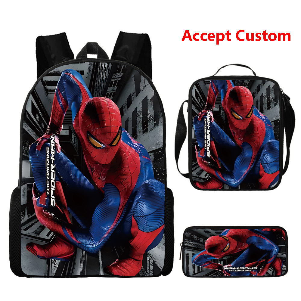 High-Capacity Marvel Three-Piece Cute Cartoon Iron Bat Spider Man Backpacks  Messenger Bag Waterproof Pencil Case for Children