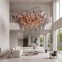 Lustre moderne de luxe suspendu au plafond, grande branche en laiton, verre, cristal, plumes, gouttes d'eau, pour la décoration de la maison, hôtel, villa