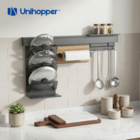 UNIHOPPER Étagère murale de cuisine gain de place avec support pour couvercles de casseroles, porte-serviettes en papier et 4 crochets