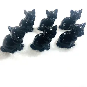 Großhandel natürliche geschnitzte Kristalle Kunst skulptur Schöne schwarze Obsidian katze für Weihnachts geschenke