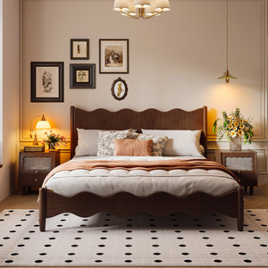 Solid Wood Walnut Double Bed 1.8m 1.5m Modern Minimalist Wave Shape Platform Bed Master Bedroom Wedding Bed American Retro Style - Product Image 5
