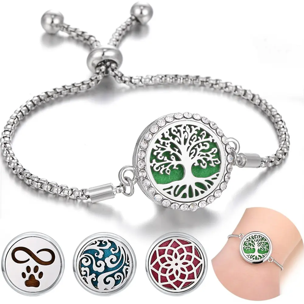 Medallón de aromaterapia hueco de acero de titanio con incrustaciones de diamantes Pulsera de aceite esencial Pulsera de perfume de acero inoxidable