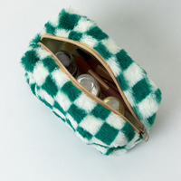 Tas Makeup Vintage Motif Kotak-kotak, Kotak Kosmetik Plaid, Tas Perlengkapan Mandi Lembut, Tas Penyimpanan Bulu Halus, Tas Makeup Travel Berbulu, Dompet Desain