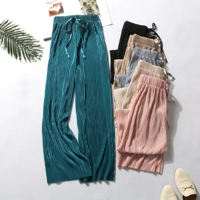 cheap wholesale solid color elastic drawstring women girls summer loose ice silk chiffon pants pleated casual trousers