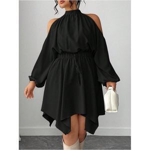 Women's Plus Size Cold Shoulder <b>Dress</b> Mock Neck Long Sleeve A Line Flowy Vacation Short <b>Dress</b> <b>Elastic</b> Waist Asymmetrical Hem - Product Image 4