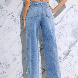 <span class=keywords><strong>Jean</strong></span> en denim pour <span class=keywords><strong>femme</strong></span> à jambe droite orné de perles, respirant, délavé foncé, de luxe, coupe décontractée ample - Product Image 6