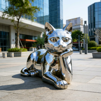 Escultura de Gato de Acero Inoxidable Pulido con Acabado Espejo, Moderna Estatua de Gato Recostado Pensando para Jardín, Piscina, Centro Comercial, Calle Comercial