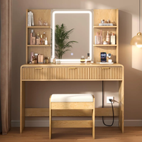 En gros Coiffeuse en MDF cannelé pour le maquillage avec miroir LED, 3 tiroirs et tabouret, finition grain de bois