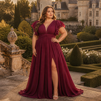 Robe de Demoiselle d'Honneur Grande Taille en Chiffon Coupe Trapèze, Col en V Profond, Manches Volantes, Taille Froncée, Fente Haute, Longueur Maxi