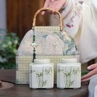 Sac de cadeau en tissu brodé de fleurs de luxe, boîte d'emballage avec poignée en bambou, pompon et insert pour boîte à thé, Ramadan
