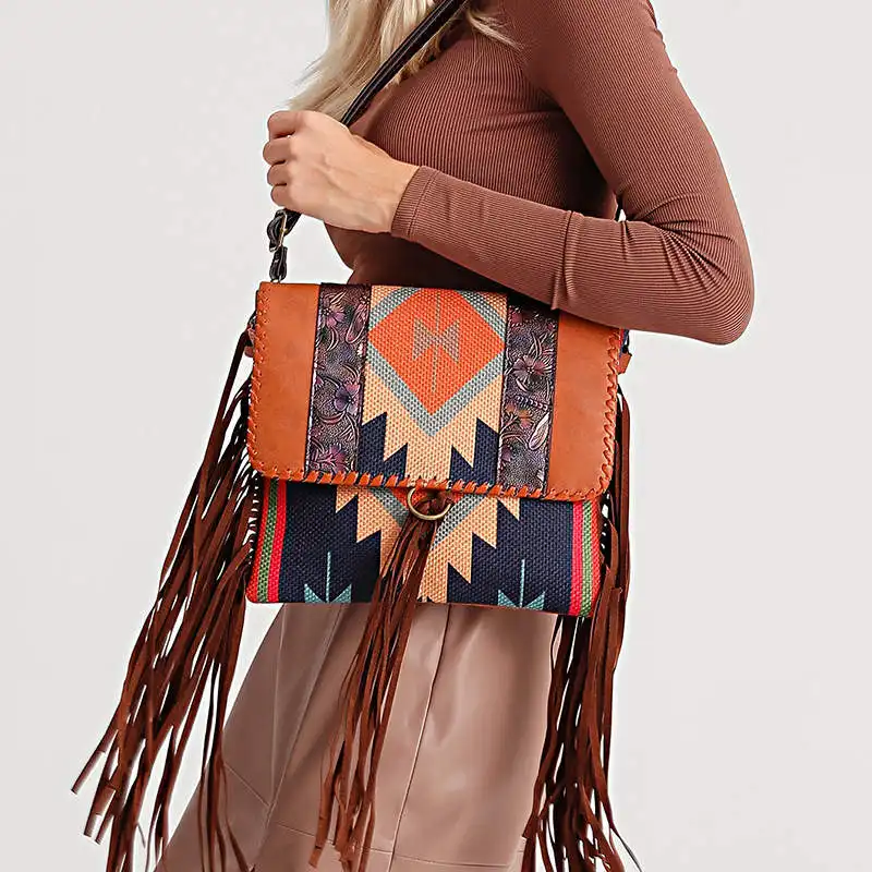 Bolsos de mensajero personalizados para mujer, bandolera de lona con borlas, estilo Azteca, venta al por mayor